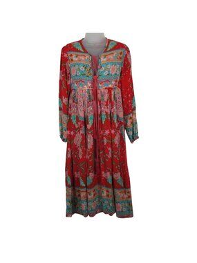 R. Vivimos Red Floral Boho Maxi Dress Cotton Long Sleeve Women's Size S Breezy